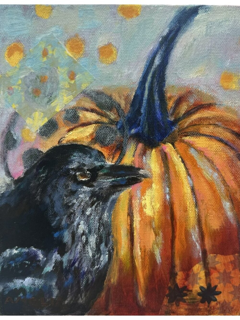 Original Art Painting Crow Bird OOAK 8" x 10"  "Sage" Pumpkin Fall Wall Art